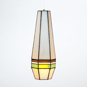 A geometric pendant light with stained glass panels.