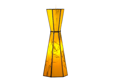 A tall, yellow-orange glass vase with a narrow middle and dark veins.