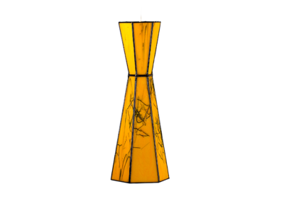 A tall, narrow orange vase with black marbled patterns.