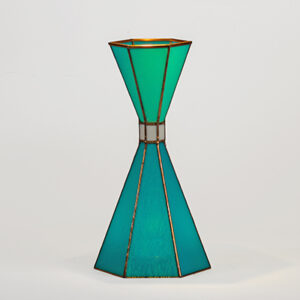 A teal hourglass-shaped vase with gold accents.