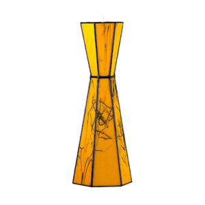 A tall amber vase with black marbled patterns and a geometric shape.