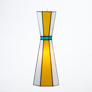 A modern pendant lamp with a yellow and white geometric design.